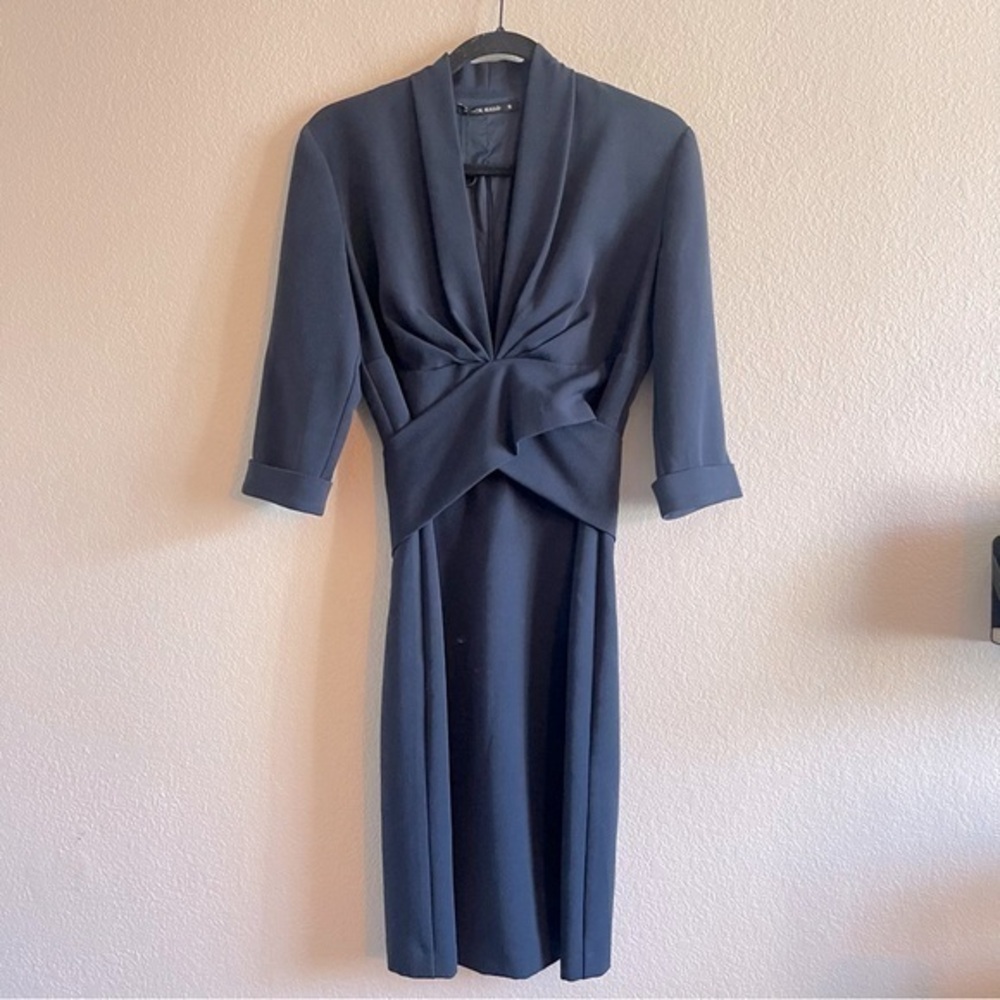 Black Halo Navy Blue Sheath V Neck Collared Twist Front Dress Womens Size 8
